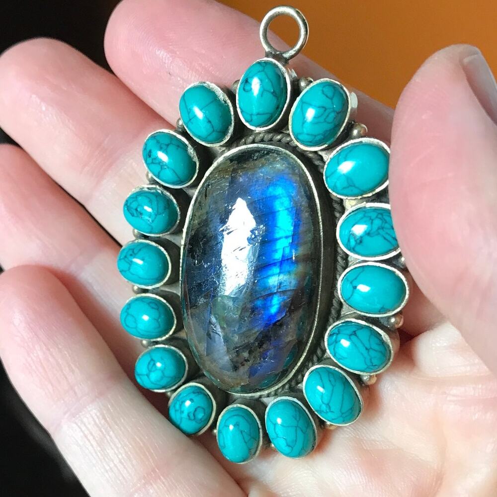 Labradorite and dyed teal stone pendant - massive boho chunky western pendant